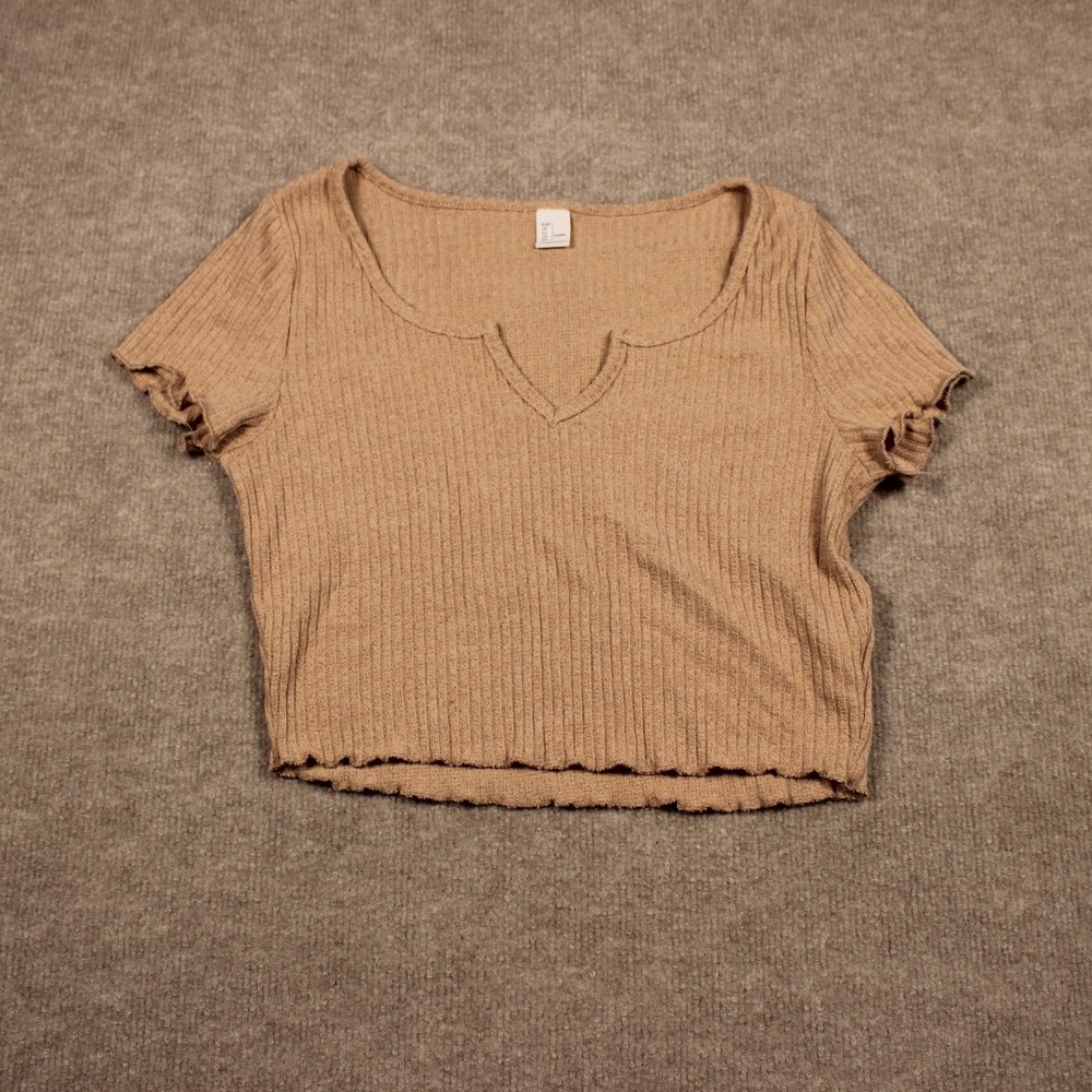 Tan Ribbed Knit Short Sleeve Crop Top Lettuce Edge Notched Neck L